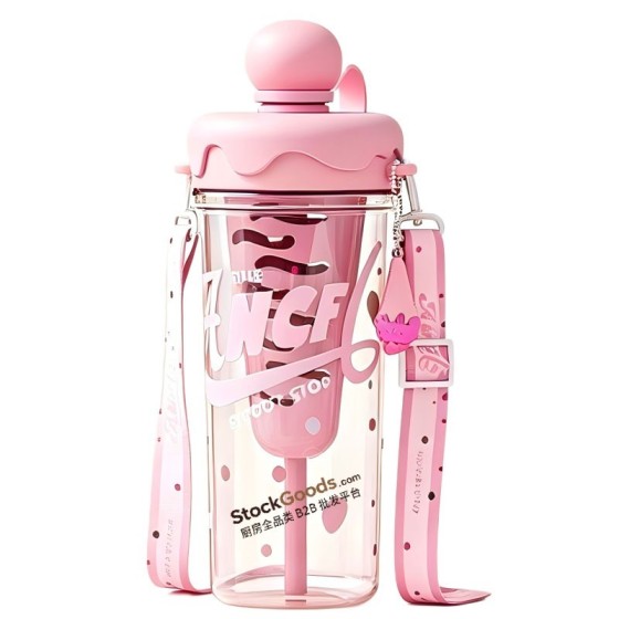 880ml Light Pink Ice Cream Lid Letter Print Straw Cup with Shoulder Strap & Tea Filter